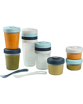 Béaba 12 Jars Set + 2 Silicone Spoons - 6x250 ml+ 4x150 ml + 2x90 ml - Blue/Light Blue/Grey Food Containers