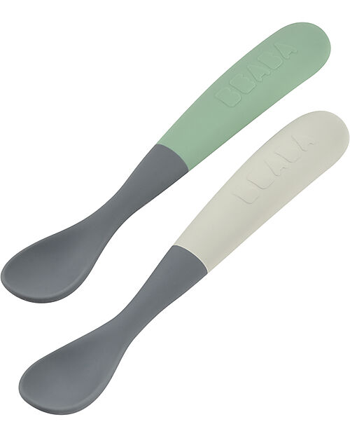 Béaba 2 Ergonomic 1st Age Spoons Set with Case - Silicone - Grey and Sage - Handy for Adults and Delicate for Children Cutlery