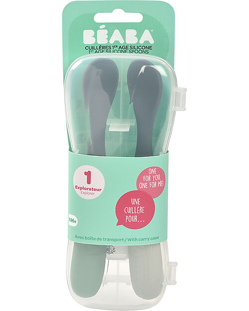 Béaba 2 Ergonomic 1st Age Spoons Set with Case - Silicone - Grey and Sage - Handy for Adults and Delicate for Children Cutlery