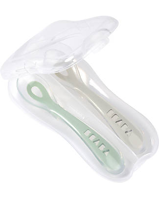 Béaba 2 Ergonomic 2nd Age Spoons Set with Case - Silicone - Grey and Sage - Handy for Adults and Delicate for Children Cutlery