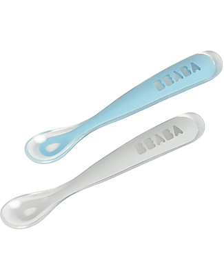 Béaba 2 Ergonomic First Age Spoons Set with Case - Silicone - Blue - Handy for Adults and Delicate for Children Spoons, Cutlery & Chopsticks