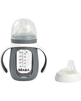 Béaba 2-in-1 Training Bottle - 210 ml - Gray - Glass and Silicone - Encourages Little Ones to Become Independent Baby Bottles