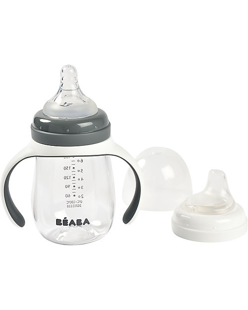 Béaba 2-in-1 Training Bottle - 210 ml - Gris Minéral - Encourages Little Ones to Become Independent Baby Bottles