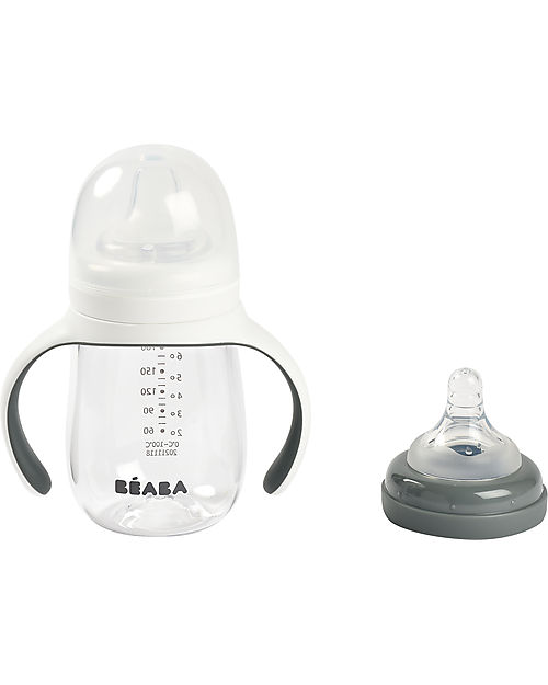 Béaba 2-in-1 Training Bottle - 210 ml - Gris Minéral - Encourages Little Ones to Become Independent Baby Bottles