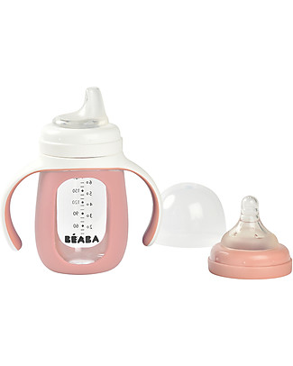 Béaba 2-in-1 Training Bottle - 210 ml - Pink - Glass and Silicone - Encourages Little Ones to Become Independent Baby Bottles