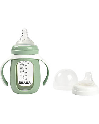 Béaba 2-in-1 Training Bottle - 210 ml - Sage Green - Glass and Silicone - Encourages Little Ones to Become Independent Baby Bottles