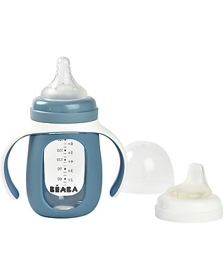 Béaba 2-in-1 Training Bottle - 210 ml - Windy Blue - Glass and Silicone - Encourages Little Ones to Become Independent Baby Bottles