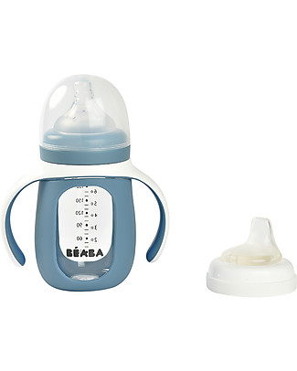 Béaba 2-in-1 Training Bottle - 210 ml - Windy Blue - Glass and Silicone - Encourages Little Ones to Become Independent Baby Bottles