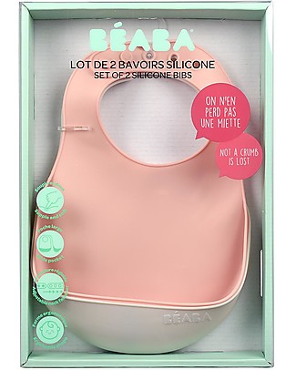 Béaba 2 Waterproof Bibs with Food Catching Pocket Set - Silicone - Grey and Pink Waterproof Bibs