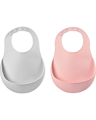 Béaba 2 Waterproof Bibs with Food Catching Pocket Set - Silicone - Grey and Pink Waterproof Bibs