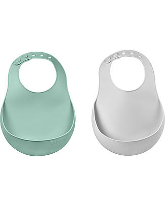 Béaba 2 Waterproof Bibs with Food Catching Pocket Set - Silicone - Light Mist and Sage Green Waterproof Bibs