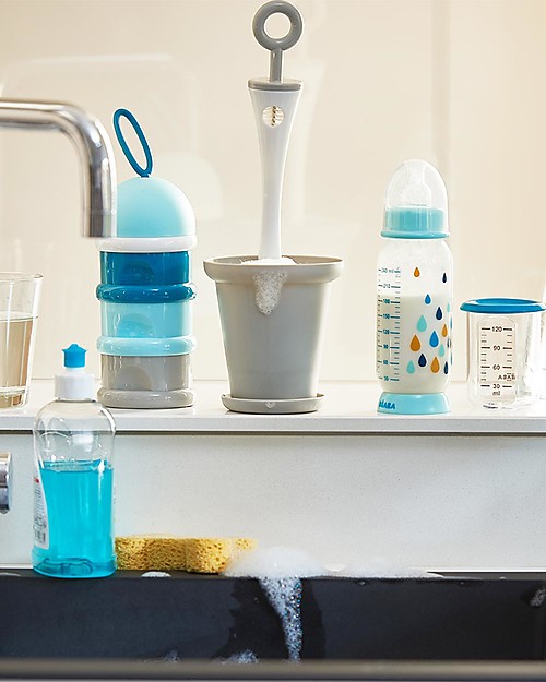 Béaba 2in1 Bottle and Accessories Brush with Tray - Grey - Keeps Kitchen Surfaces Dry Baby Bottles Accessories