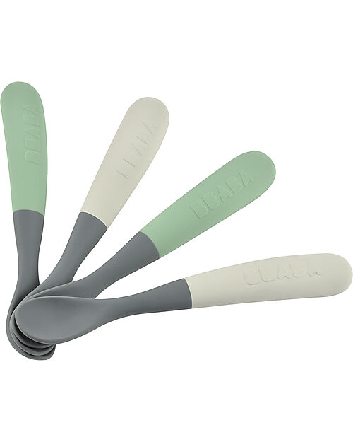 Béaba 4 Ergonomic 1st Age Spoons Set - Silicone - Grey and Sage - Handy for Adults and Delicate for Children Cutlery