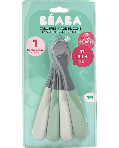 Béaba 4 Ergonomic 1st Age Spoons Set - Silicone - Grey and Sage - Handy for Adults and Delicate for Children Cutlery