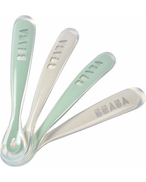 Béaba 4 Ergonomic First Age Spoons Set - Silicone - Grey and Sage - Handy for Adults and Delicate for Children Cutlery