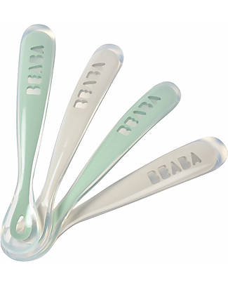 Béaba 4 Ergonomic First Age Spoons Set - Silicone - Grey and Sage - Handy for Adults and Delicate for Children Cutlery