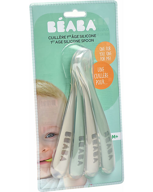 Béaba 4 Ergonomic First Age Spoons Set - Silicone - Grey and Sage - Handy for Adults and Delicate for Children Cutlery