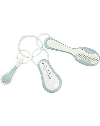 Béaba Baby Personal Care Set - Green - Bath Thermometer + Baby Nail Clippers + 2in1 Baby Brush and Comb Kit Toilette Baby