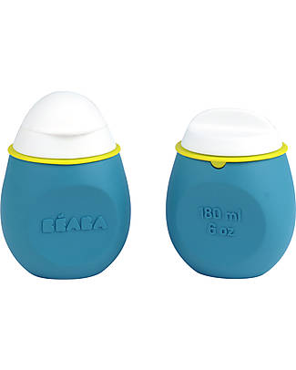 Béaba Baby Squeeze Set - 2 in 1 - Silicone Container with two Spouts and Portion Container -Blue Baby Bottles