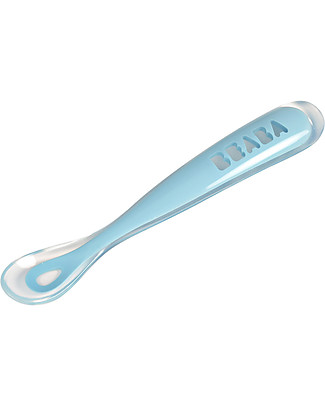Béaba Ergonomic First Age Spoon - Silicone - Blue - Handy for Adults and Delicate for Children Cutlery