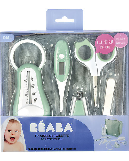 Béaba Filled Hanging Beauty Case - Sage Green - Everything You Need Always at Hand Kit Toilette Baby