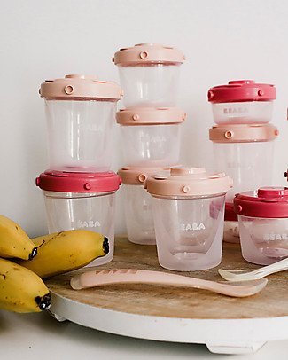Béaba First Meal Set - 2 Silicone Ergonomic First Age Spoons + 12 Jars - 2 x 60 ml + 4 x 120 ml + 6 x 200 ml - Pink Snack and Formula Containers