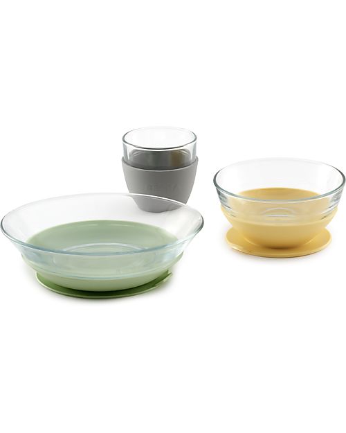 Béaba Glass Meal Set with Suction - Plate + Bowl + Glass - Yellow - Made in France Meal Sets