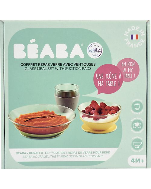 Béaba Glass Meal Set with Suction - Plate + Bowl + Glass - Yellow - Made in France Meal Sets