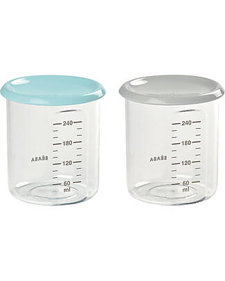 Béaba High Quality Conservation Jars Maxi - Blue/Grey - 2 x 240 ml - Withstand High and Low Temperatures Food Containers