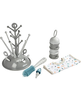 Béaba Newborn Gift Set (Tree Draining Rack Grey + Stacked Formula Milk Container + Silicone Bottle Brush + Cotton Bib Tropical) Baby Bottles Accessories