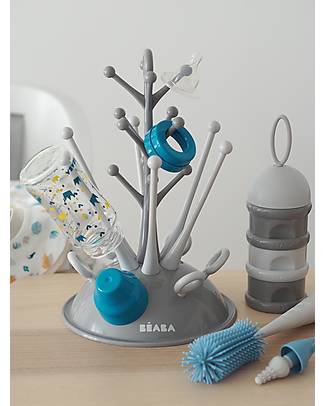 Béaba Newborn Gift Set (Tree Draining Rack Grey + Stacked Formula Milk Container + Silicone Bottle Brush + Cotton Bib Tropical) Baby Bottles Accessories