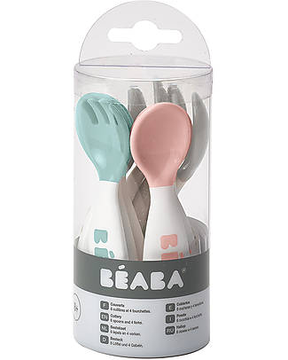 Béaba Set 6 Training Spoons and 4 Training Forks - for 2nd Age - Old Pink/Airy Green/Light Mist Cutlery