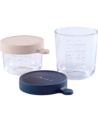 Béaba Set of 2 Graduated High Quality Glass Containers for Food with Hermetic Cap- 150 ml Pink + 250 ml Dark Blue Food Containers