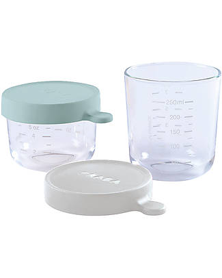 Béaba Set of 2 Graduated High Quality Glass Containers for Food with Hermetic Cap - 150ml Airy Green + 250ml Light Mist Food Containers