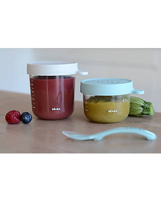 Béaba Set of 2 Graduated High Quality Glass Containers for Food with Hermetic Cap - 150ml Airy Green + 250ml Light Mist Food Containers
