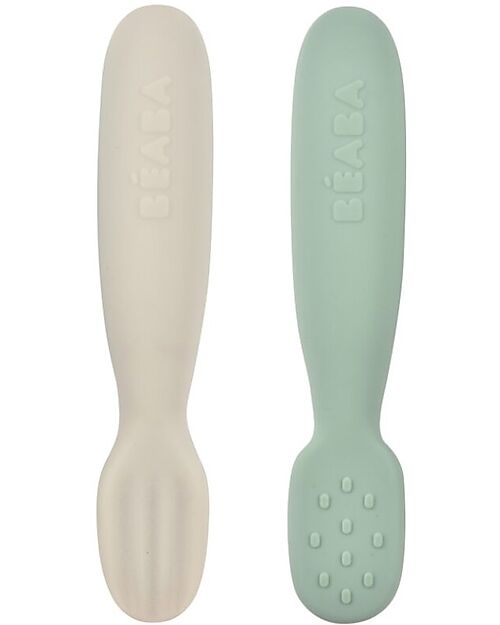 Béaba Set of 2 silicone pre-spoons - Sage green/velvet grey Cutlery