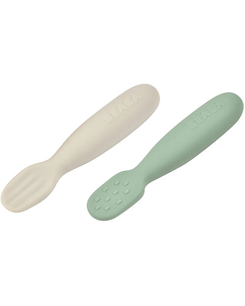 Béaba Set of 2 silicone pre-spoons - Sage green/velvet grey Cutlery