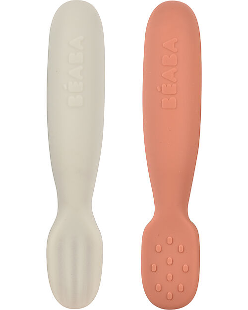 Béaba Set of 2 silicone pre-spoons - Terracotta/velvet grey Cutlery