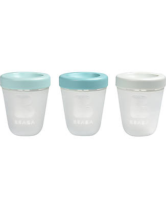 Béaba Set of 3 Food Portions 200 ml - Grey and Green Lids - Silicone - Practical and Stackable Food Containers