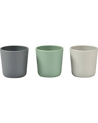 Béaba Set of 3 Glass - Grey Sage and Mineral - Silicone - Handy and Unbreakable Beakers
