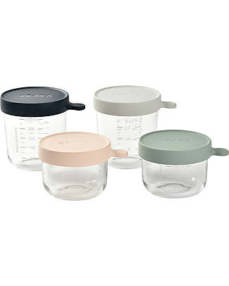 Béaba Set Of 4 High Quality Glass Containers for Food with Hermetic Cap - 150ml Pink + 150m Eucalyptus + 250ml Light Mist + 250ml Dark Blue Food Containers