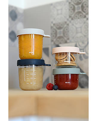 Béaba Set Of 4 High Quality Glass Containers for Food with Hermetic Cap - 150ml Pink + 150m Eucalyptus + 250ml Light Mist + 250ml Dark Blue Food Containers