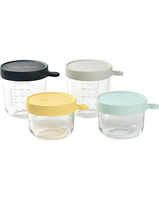 Béaba Set Of 4 High Quality Glass Containers for Food with Hermetic Cap - 150ml Yellow - 150ml Light Blue + 250ml Dark Blue + 250ml Light Mist Food Containers