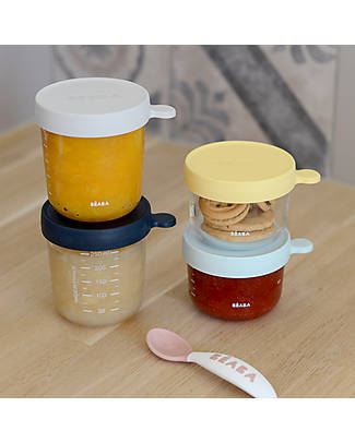 Béaba Set Of 4 High Quality Glass Containers for Food with Hermetic Cap - 150ml Yellow - 150ml Light Blue + 250ml Dark Blue + 250ml Light Mist Food Containers