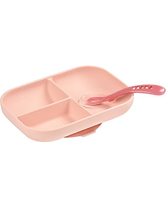 Béaba Silicone Learning Set - Divided Plate + 2nd Age Spoon - Pink Bowls & Plates