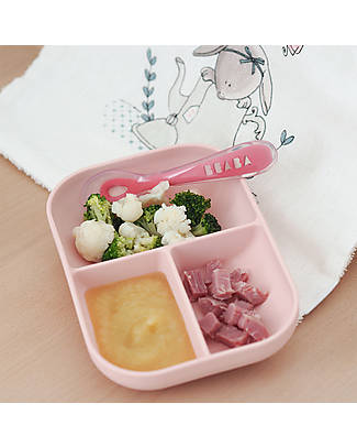Béaba Silicone Learning Set - Divided Plate + 2nd Age Spoon - Pink Bowls & Plates