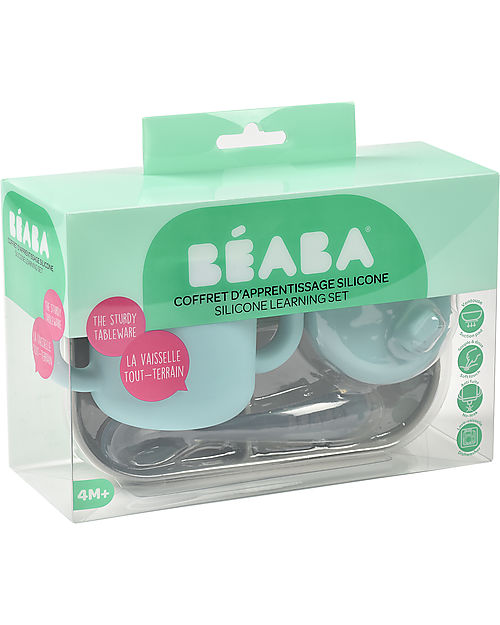 Béaba Silicone Learning Set - Divided Plate + Cup + 2nd Age Spoon - Blue and Grey Meal Sets