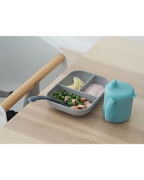 Béaba Silicone Learning Set - Divided Plate + Cup + 2nd Age Spoon - Blue and Grey Meal Sets