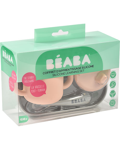 Béaba Silicone Learning Set - Divided Plate + Cup + 2nd Age Spoon - Pink and Grey Meal Sets
