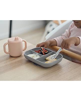 Béaba Silicone Learning Set - Divided Plate + Cup + 2nd Age Spoon - Pink and Grey Meal Sets